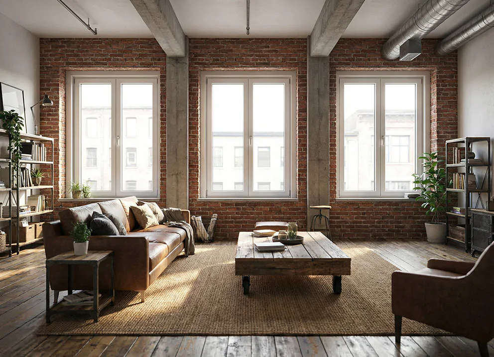 loft style living room with white prismatic Oknoplast windows
